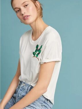 Anthropologie Brand Tiny Cactus Embroidered Tee